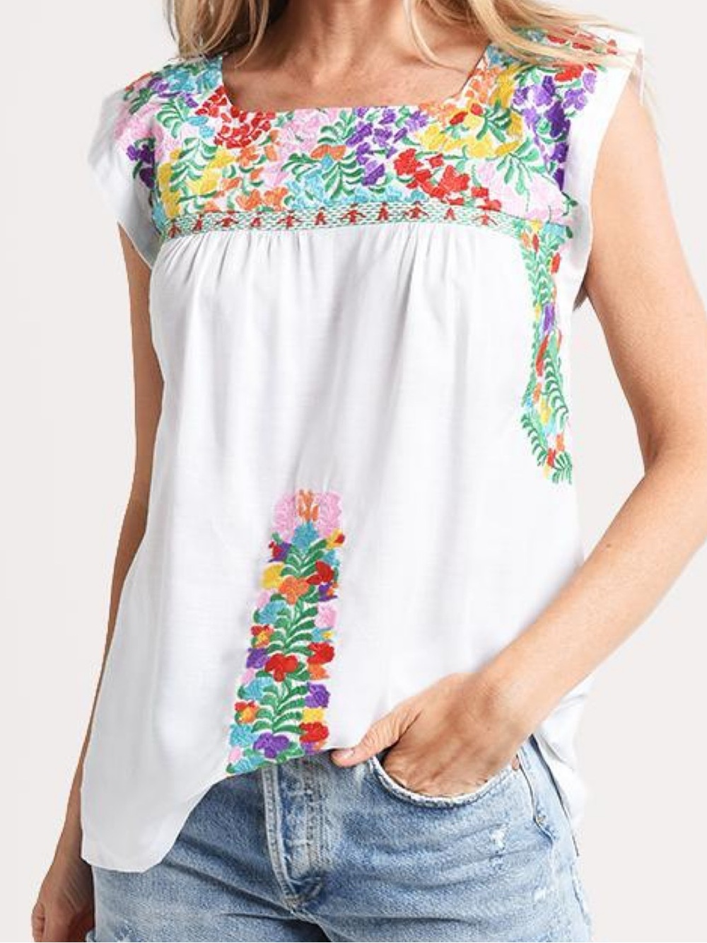 J Marie Embroidered Square-Neck White Top with Multicolor Floral Accents